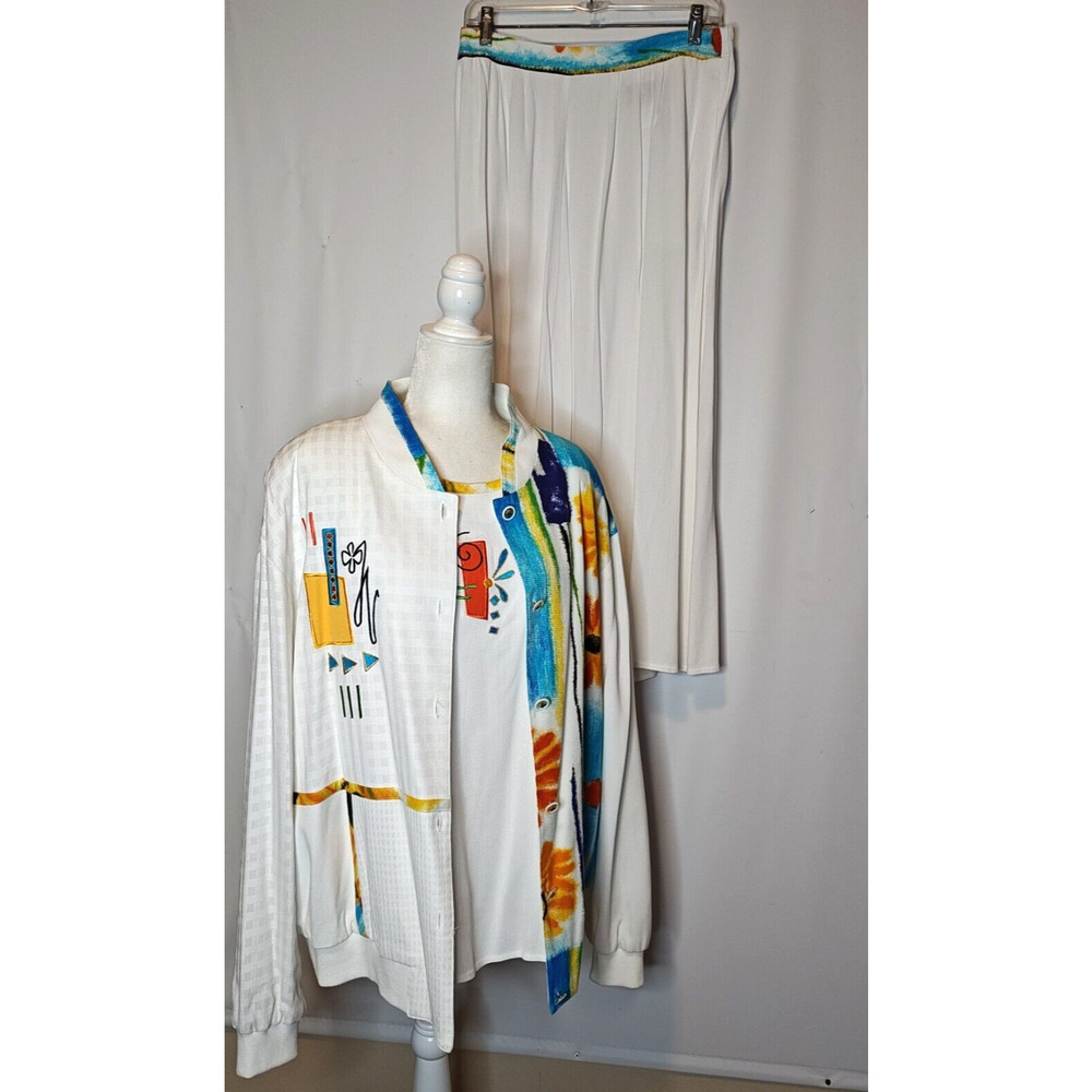 Vintage‎ City Girl Nancy Bolen 3 Pc Skirt Set Jacket Top White Floral Size L XL